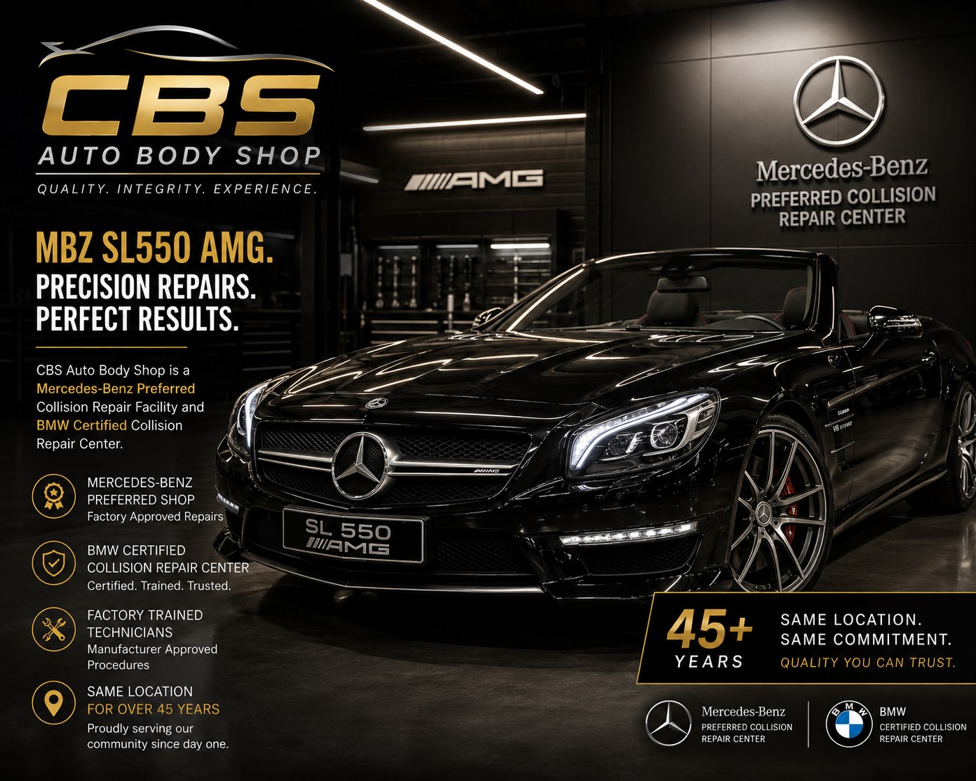 CBS Auto Body certification card: Mercedes-Benz Preferred Collision Repair Center and BMW Certified Collision Repair Center